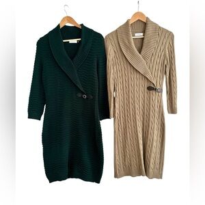NWOT Calvin Klein Bundle of 2 Midi Knit Fall/Winter Sweater Dress - Taupe/Green